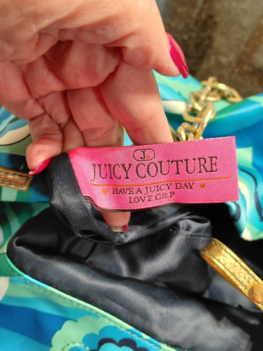 Vtg Y2K Era Juicy Couture Blue Green Satin Floral Chain-Handle Tote GUC! - Picture 6 of 16